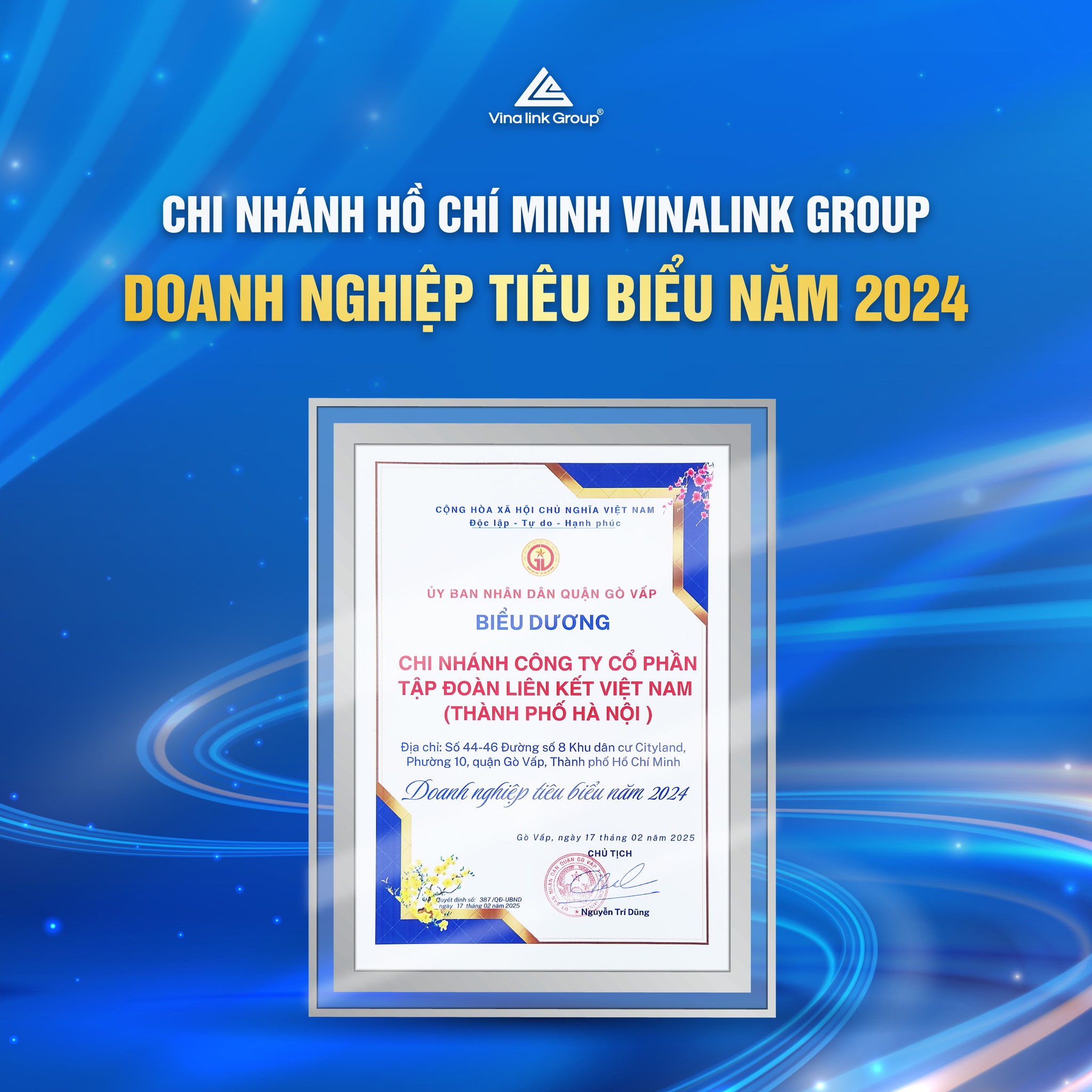 Bằng khen của UBND quận Gò Vấp trao tặng Công ty Vinalink Group. Bằng khen của UBND quận Gò Vấp trao tặng Công ty Vinalink Group.